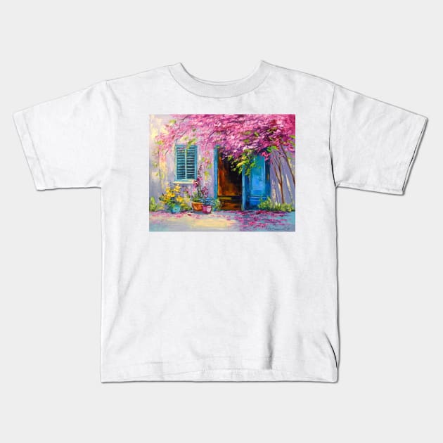 Blooming courtyard Kids T-Shirt by OLHADARCHUKART